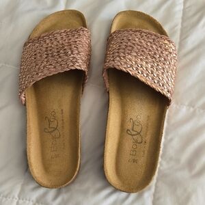 Tan and Pink Woven Slide Sandals